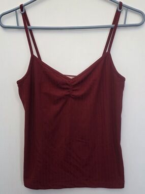 Y2K Red Ribbed Cami Tank Top – Ruched Front – Spaghetti Strap